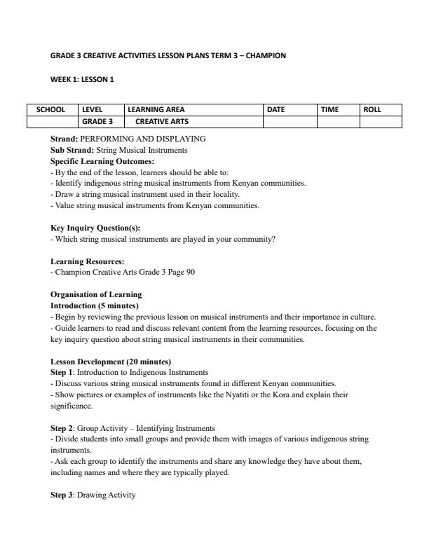 Page 1 – Grade 3 Creative Activities Lesson Plans Term 3 - Champion – Kenyaplex