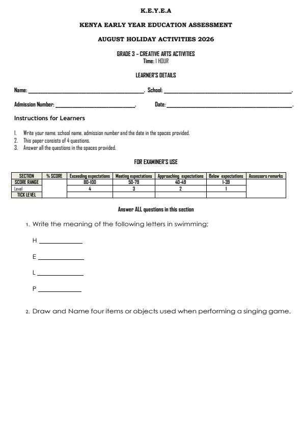 Page 1 – Grade 3 Creative Arts Activities August 2026 Holiday Assignment – Kenyaplex