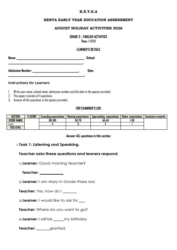 Page 1 – Grade 3 English Activities August 2026 Holiday Assignment – Kenyaplex