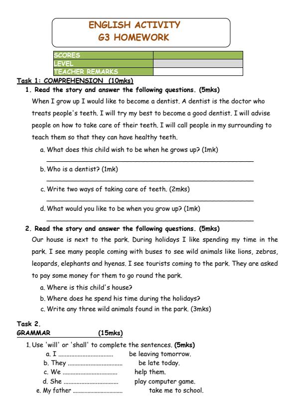 Page 1 – Grade 3 English Activities December 2024 Holiday Assignment – Kenyaplex