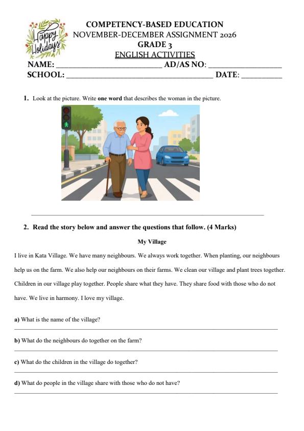 Page 1 – Grade 3 English December 2026 Holiday Assignment – Kenyaplex