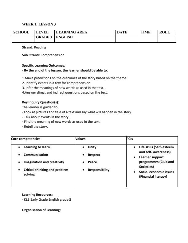 Page 5 – Grade 3 English Lesson Plans Term 3 - KLB Early Grade – Kenyaplex
