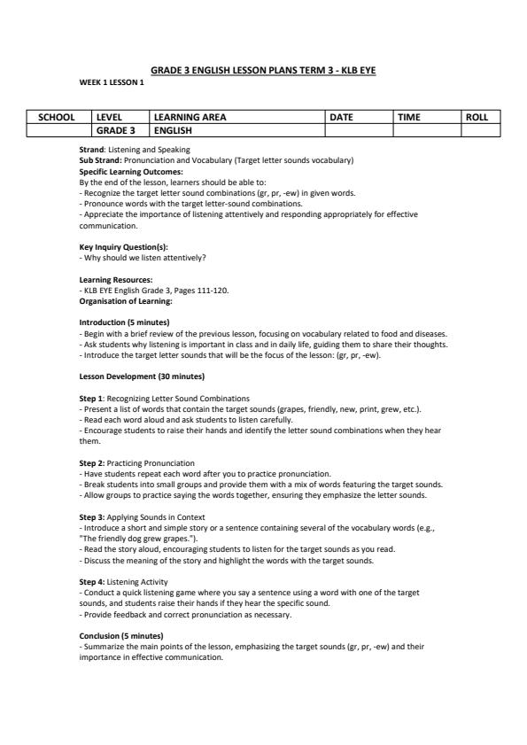 Page 1 – Grade 3 English Lesson Plans Term 3 - KLB Eye – Kenyaplex