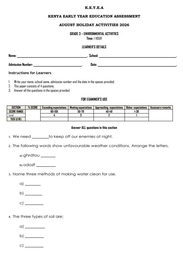 Page 1 – Grade 3 Environmental Activities August 2026 Holiday Assignment – Kenyaplex