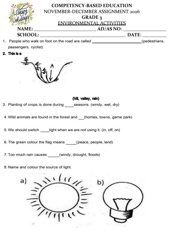 Page 1 – Grade 3 Environmental Activities December 2026 Holiday Assignment – Kenyaplex