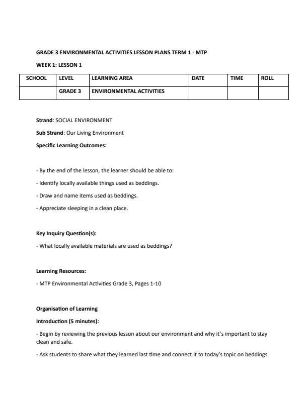 Page 1 – Grade 3 Environmental Activities Lesson Plans Term 1 - MTP – Kenyaplex