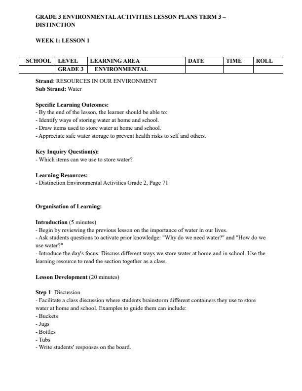 Page 1 – Grade 3 Environmental Activities Lesson Plans Term 3 - Distinction – Kenyaplex