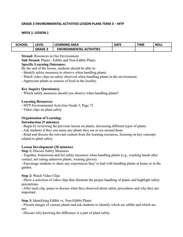 Page 1 – Grade 3 Environmental Activities Lesson Plans Term 3 - MTP – Kenyaplex