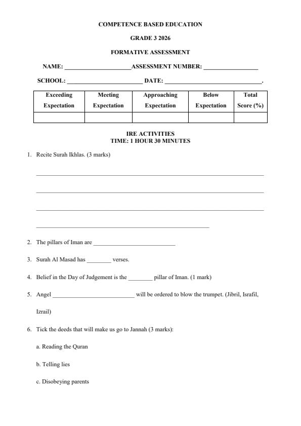 Page 1 – Grade 3 Islamic Religious Education Activities April 2026 Holiday Assignment – Kenyaplex