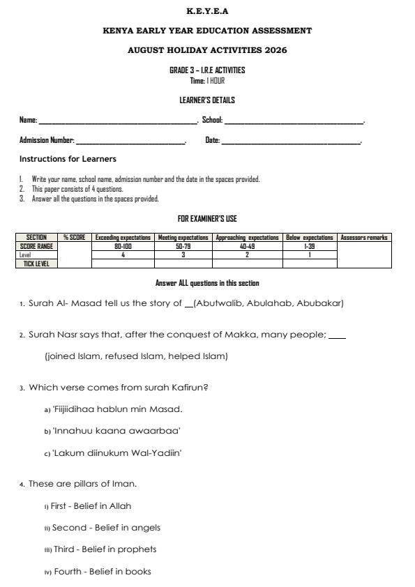Page 1 – Grade 3 Islamic Religious Education Activities August 2026 Holiday Assignment – Kenyaplex