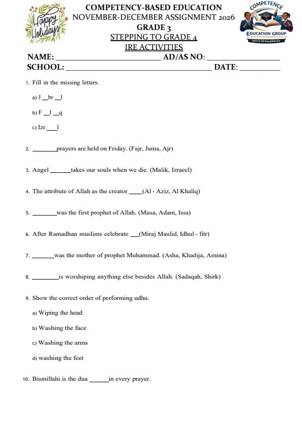 Page 1 – Grade 3 Islamic Religious Education December 2026 Holiday Assignment – Kenyaplex