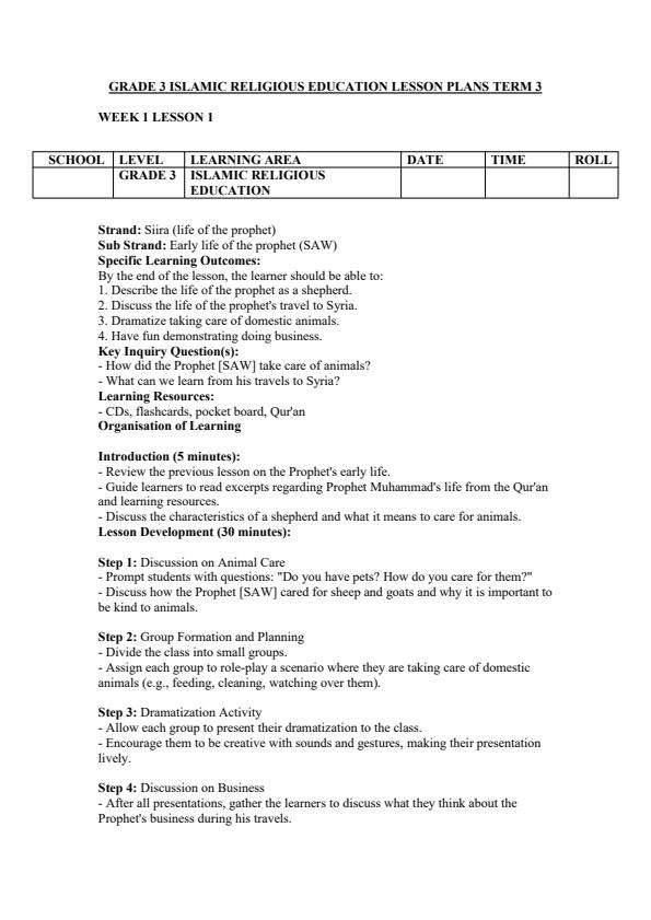 Page 1 – Grade 3 Islamic Religious Education Lesson Plans Term 3 – Kenyaplex
