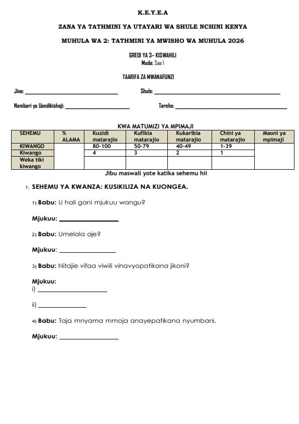 Page 1 – Grade 3 Kiswahili August 2026 Holiday Assignment – Kenyaplex