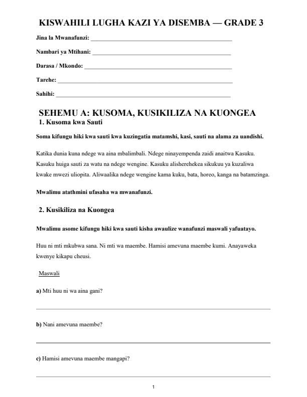 Page 1 – Grade 3 Kiswahili December 2026 Holiday Assignment – Kenyaplex