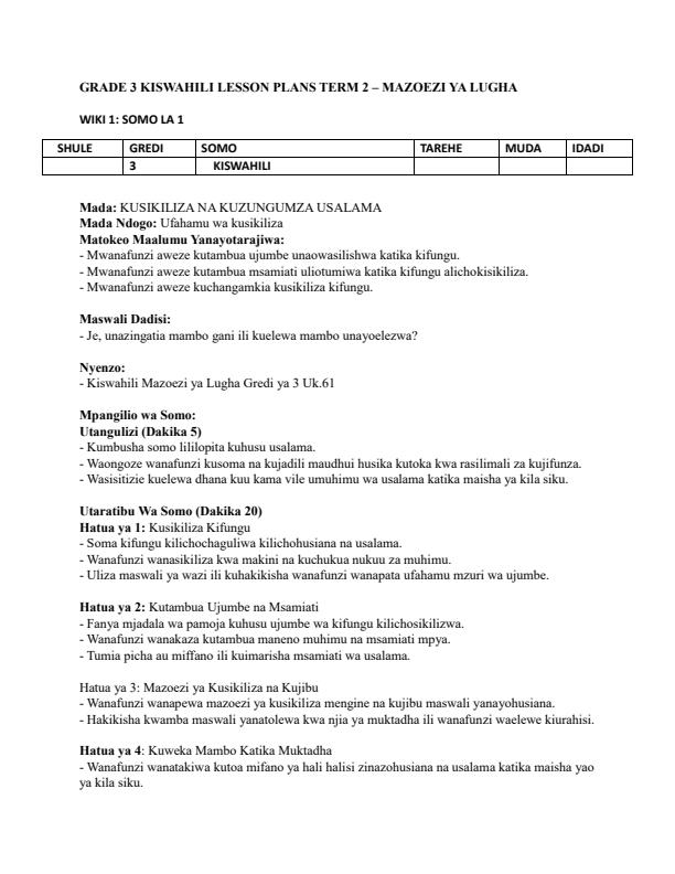 Page 1 – Grade 3 Kiswahili Lesson Plans Term 2 - Mazoezi ya Lugha – Kenyaplex