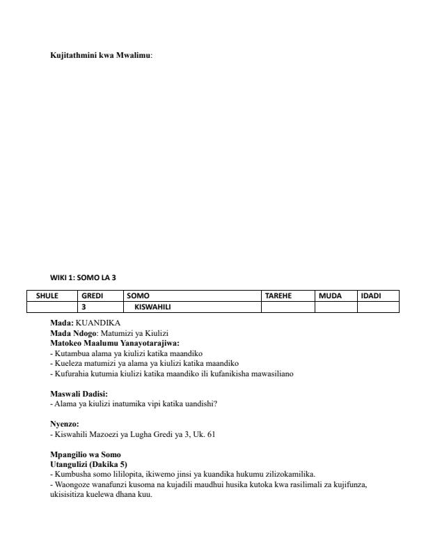 Page 4 – Grade 3 Kiswahili Lesson Plans Term 2 - Mazoezi ya Lugha – Kenyaplex