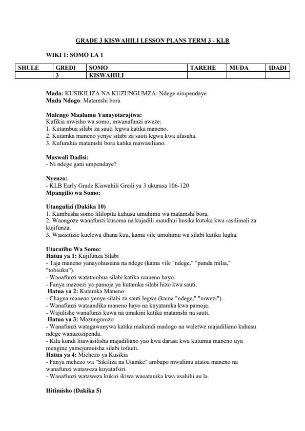 Page 1 – Grade 3 Kiswahili Lesson Plans Term 3 - KLB Early Grade – Kenyaplex