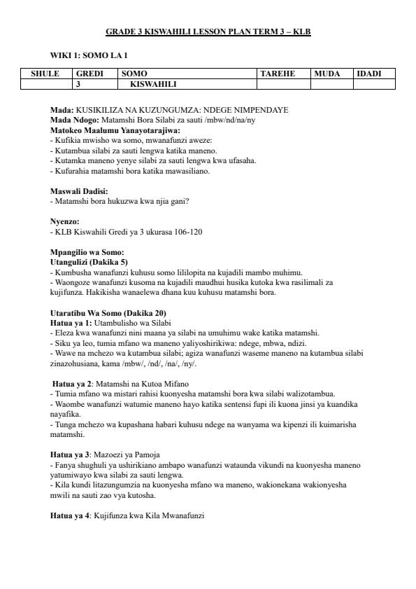 Page 1 – Grade 3 Kiswahili Lesson Plans Term 3 - KLB – Kenyaplex