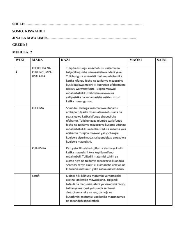 Page 1 – Grade 3 Kiswahili Records of Work Term 2 - KLB Early Grade – Kenyaplex