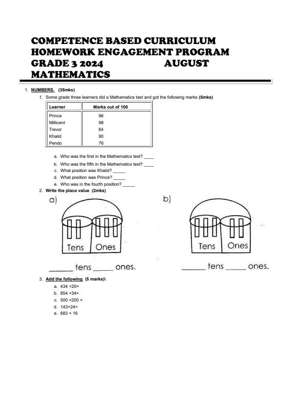 Page 1 – Grade 3 Mathematics Activities August 2024 Holiday Assignment – Kenyaplex