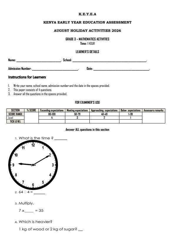 Page 1 – Grade 3 Mathematics Activities August 2026 Holiday Assignment – Kenyaplex