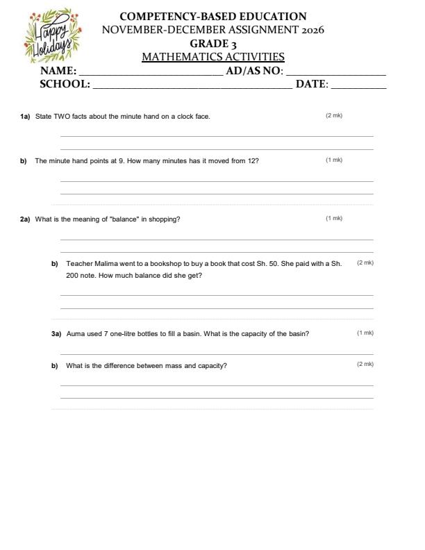 Page 1 – Grade 3 Mathematics Activities December 2026 Holiday Assignment – Kenyaplex