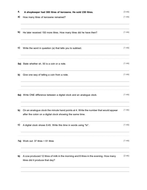 Page 2 – Grade 3 Mathematics Activities December 2026 Holiday Assignment – Kenyaplex