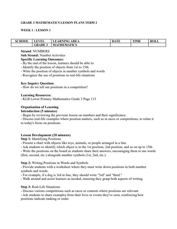 Page 1 – Grade 3 Mathematics Lesson Plans Term 2 - KLB Lower Primary – Kenyaplex
