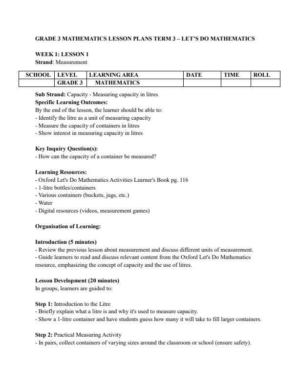 Page 1 – Grade 3 Mathematics Lesson Plans Term 3 - Let