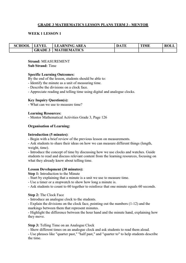 Page 1 – Grade 3 Mathematics Lesson Plans Term 3 - Mentor – Kenyaplex