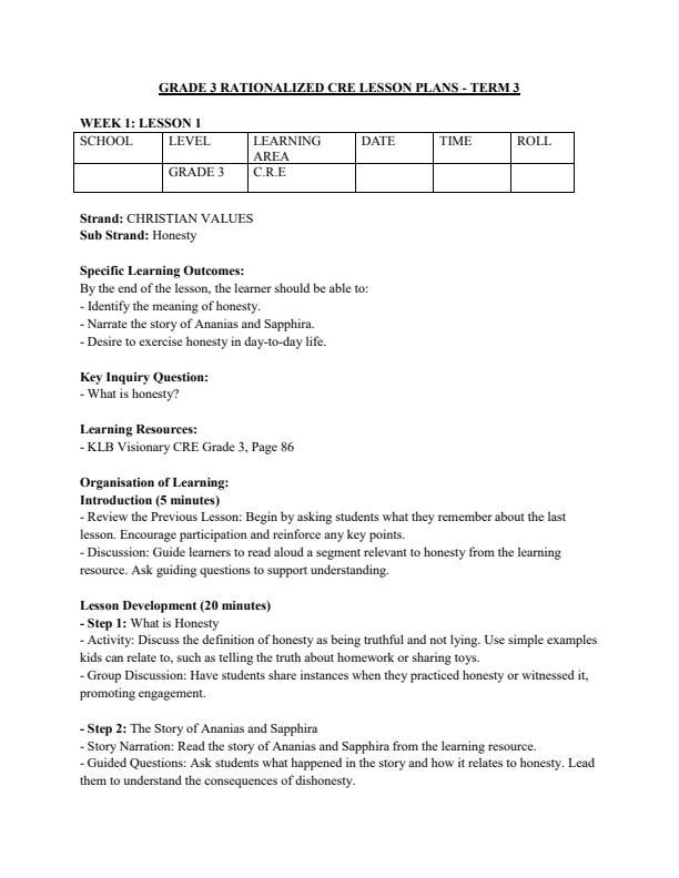 Page 1 – Grade 3 Rationalized CRE Lesson Plans Term 3 – Kenyaplex