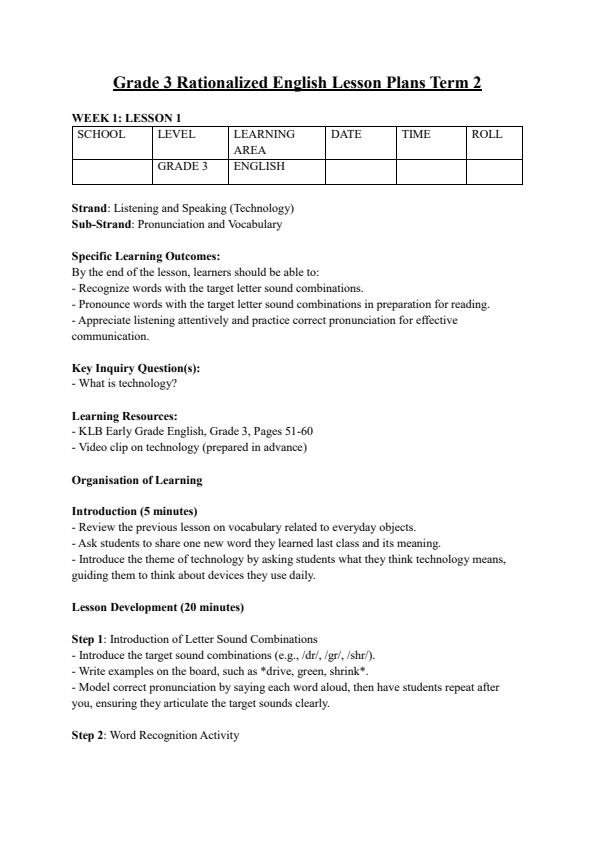 Page 1 – Grade 3 Rationalized English Lesson Plans Term 2 - KLB Early Grade – Kenyaplex