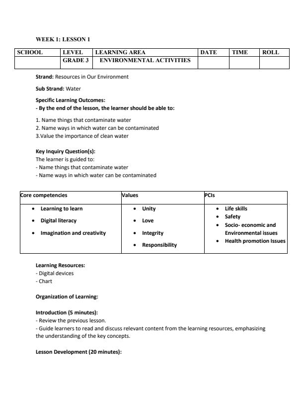 Page 1 – Grade 3 Rationalized Environmental Activities Lesson Plans Term 3 – Kenyaplex