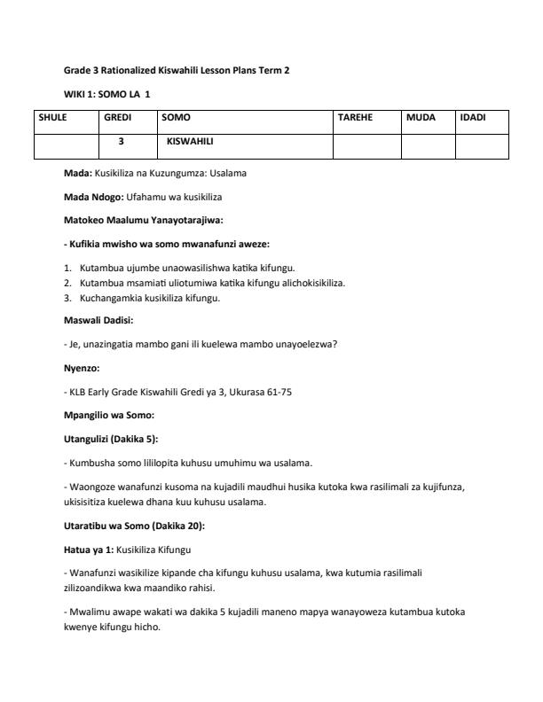 Page 1 – Grade 3 Rationalized Kiswahili Lesson Plans Term 2 - KLB Early Grade – Kenyaplex