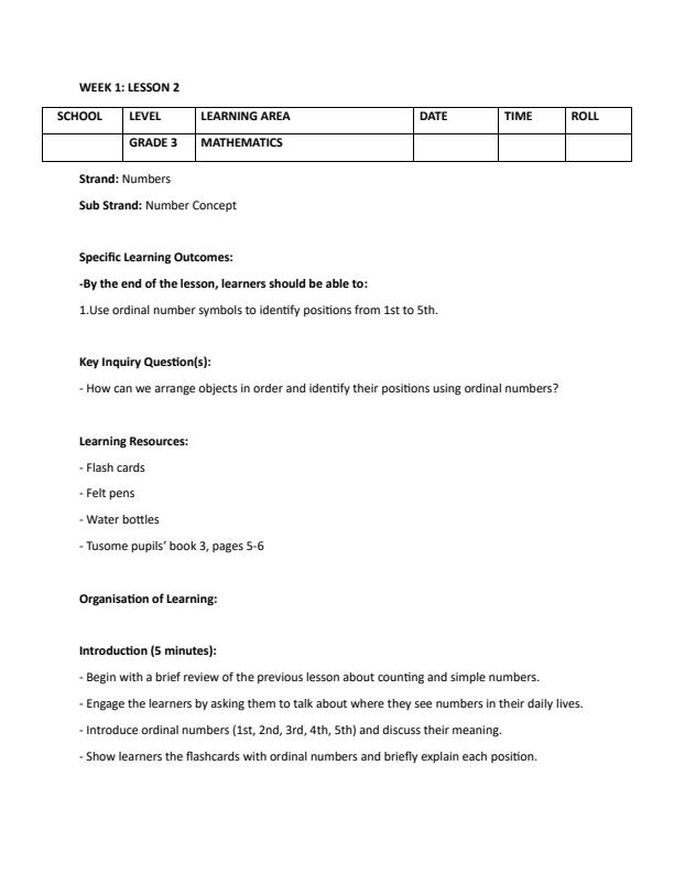 Page 4 – Grade 3 Rationalized Mathematics Lesson Plans Term 1 - Tusome – Kenyaplex