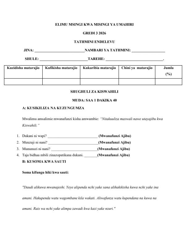 Page 1 – Grade 3 Shughuli za Kiswahili April 2026 Holiday Assignment – Kenyaplex