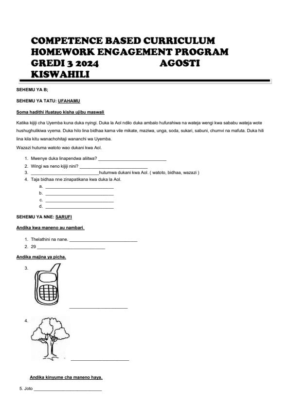 Page 1 – Grade 3 Shughuli za Kiswahili August 2024 Holiday Assignment – Kenyaplex