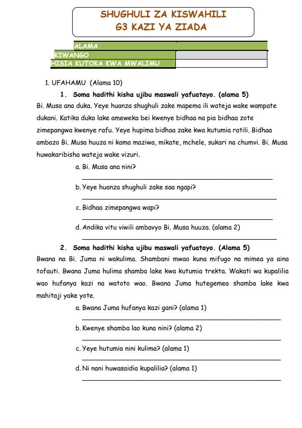 Page 1 – Grade 3 Shughuli za Kiswahili December 2024 Holiday Assignment – Kenyaplex