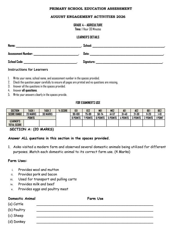 Page 1 – Grade 4 Agriculture August 2026 Holiday Assignment – Kenyaplex