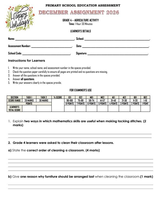 Page 1 – Grade 4 Agriculture December 2026 Holiday Assignment – Kenyaplex