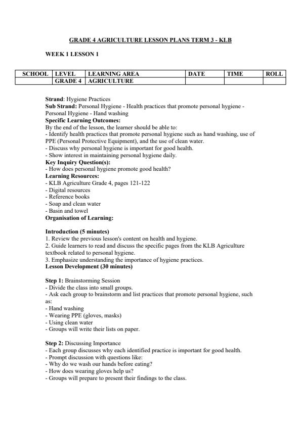 Page 1 – Grade 4 Agriculture Lesson Plans Term 3 - KLB – Kenyaplex