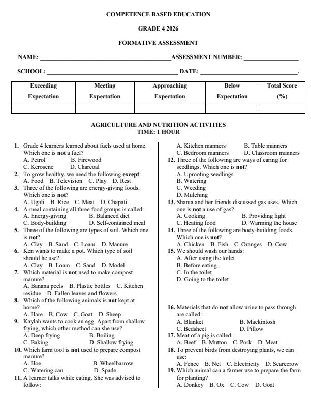 Page 1 – Grade 4 Agriculture and Nutrition Activities April 2026 Holiday Assignment – Kenyaplex