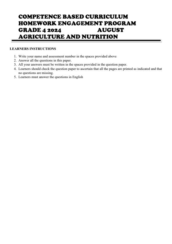 Page 1 – Grade 4 Agriculture and Nutrition August 2024 Holiday Assignment – Kenyaplex