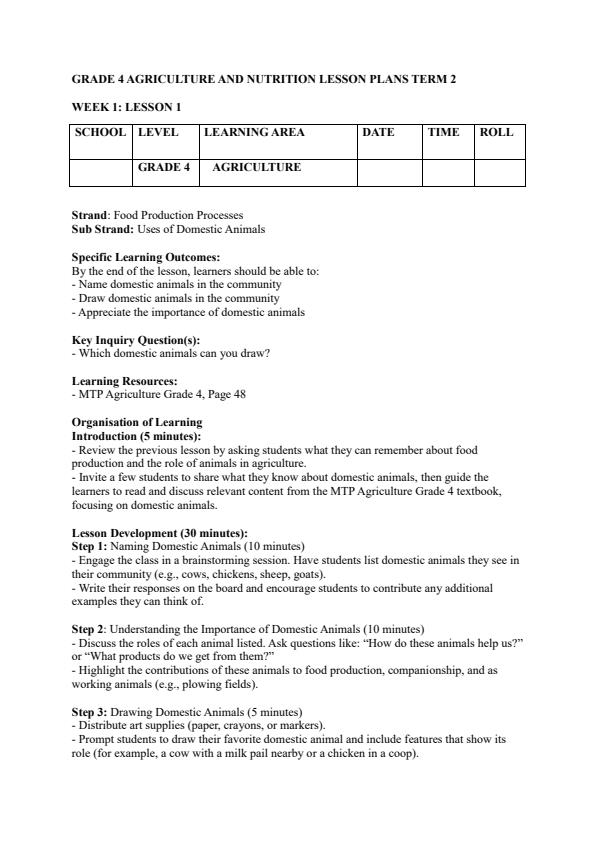 Page 1 – Grade 4 Agriculture and Nutrition Lesson Plans Term 2 - MTP – Kenyaplex