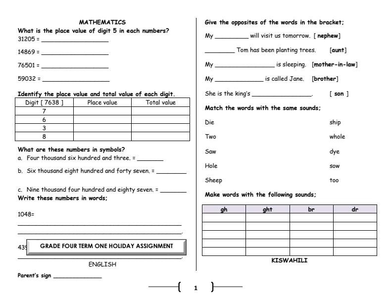 Page 1 – Grade 4 April Holiday Assignments 2024 – Kenyaplex