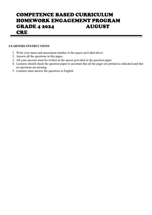 Page 1 – Grade 4 CRE August 2024 Holiday Assignment – Kenyaplex