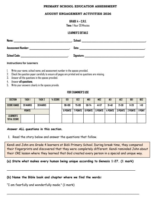 Page 1 – Grade 4 CRE August 2026 Holiday Assignment – Kenyaplex