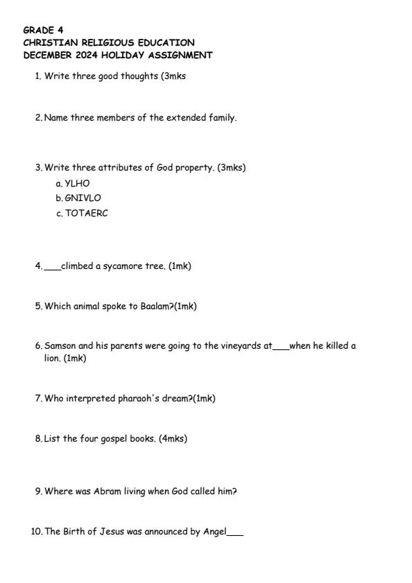 Page 1 – Grade 4 CRE December 2024 Holiday Assignment – Kenyaplex