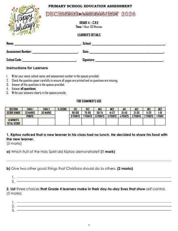 Page 1 – Grade 4 CRE December 2026 Holiday Assignment – Kenyaplex