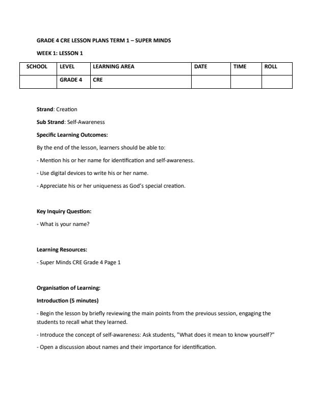 Page 1 – Grade 4 CRE Lesson Plans Term 1 - Super Minds – Kenyaplex
